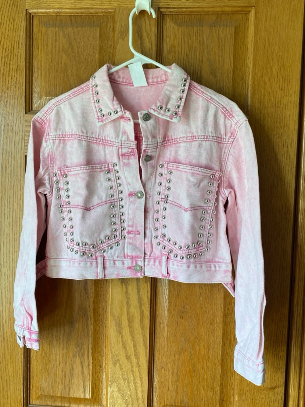 Woman’s Pink Studded Cropped Denim Jacket